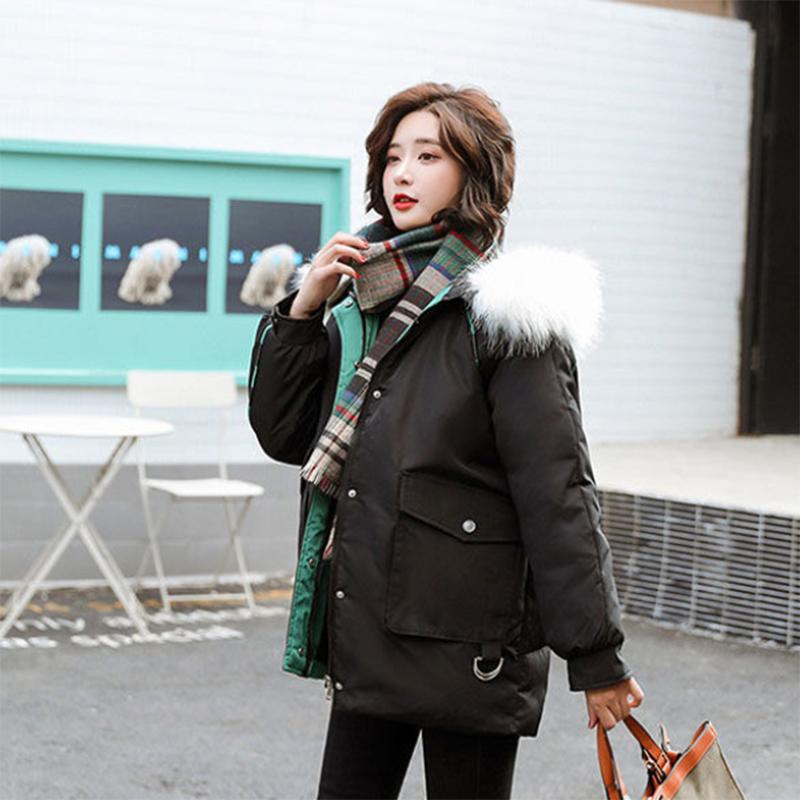 Women's Solid Color Embroidered Down Jacket Mid-length Korean Style Loose Thick Coat Warm Cotton Coat Large Fur Collar Winter Quilted Jacket