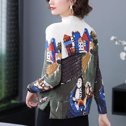 Autumn Winter Thick Printed High-neck Wool Sweater Women High-end Cashmere Sweater Pullover Knitted Sweater