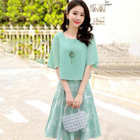 Set Chiffon Dress Female Niche Sweet Wind Is Thin Two-piece Skirt Round Neck Short-sleeved Top A-line Short Skirt Chiffon Fabric Light and Breathable