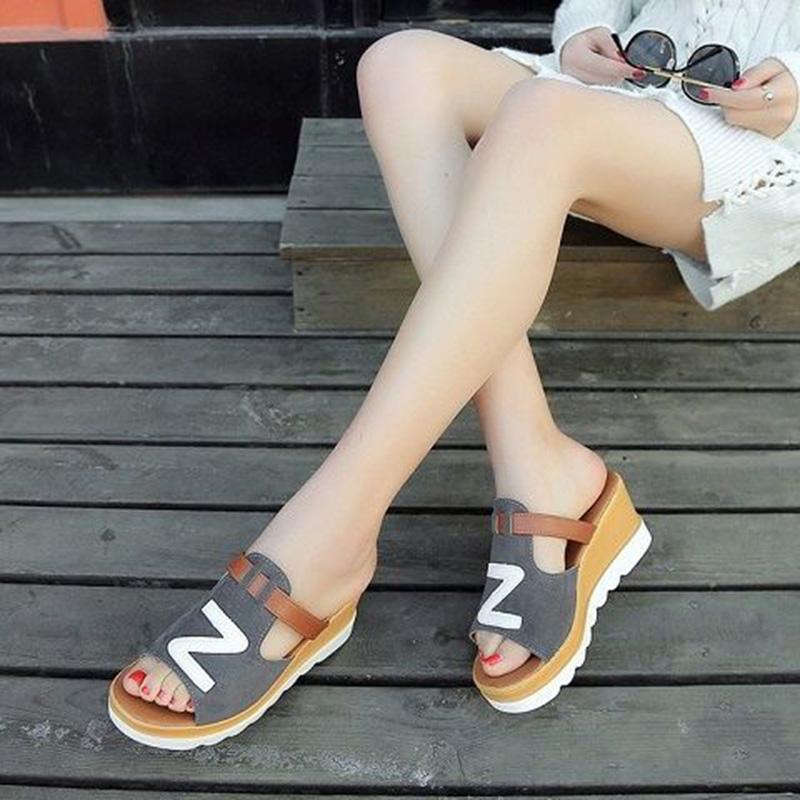 Fish Mouth Sandals and Slippers Women's Summer Frosted Leather Color Matching Thick-soled One-word Drag Wedge High-heeled Sandals