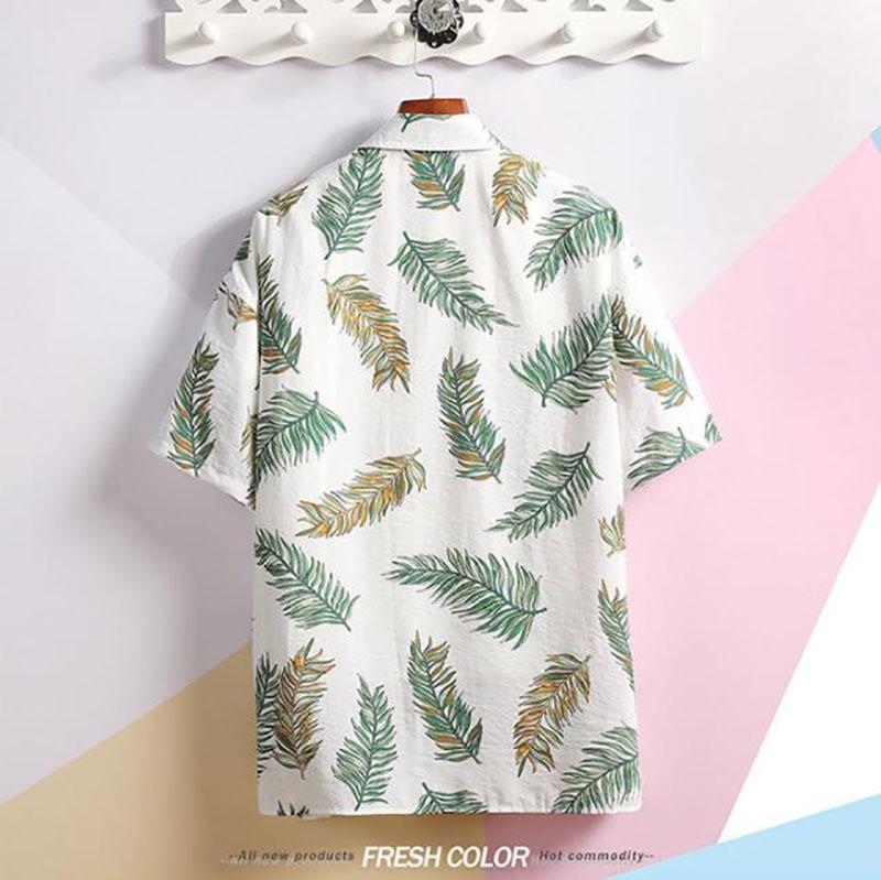 Summer Men Tees Beach Shirt Leaf Print Tee Plus Size Loose Overshirt Half Sleeve Retro Clothes Casual Male Undies Button Up Top