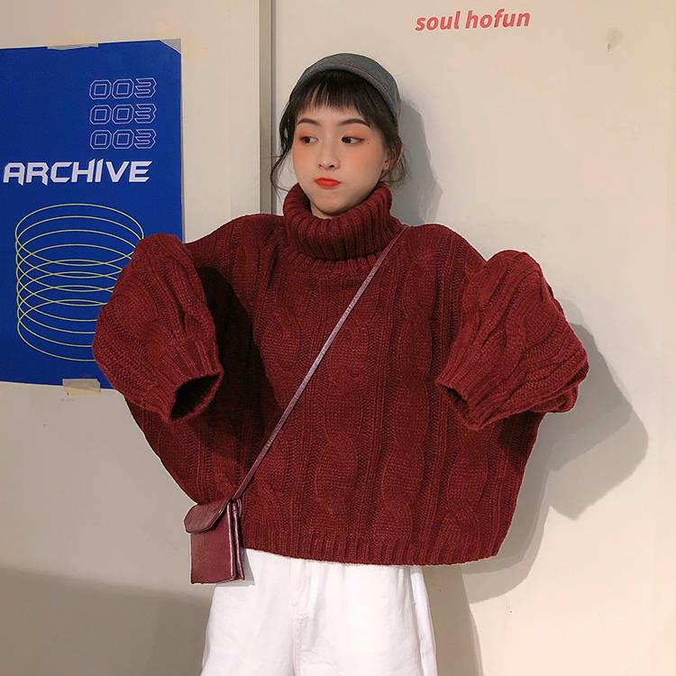 Solid Color Thick Turtleneck Sweater Autumn and Winter Loose Twist Pullover Knitted Sweater