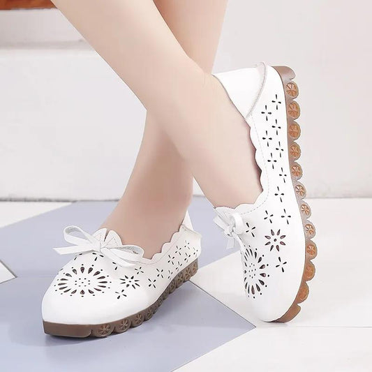 Two-wear Flat Single Shoes Women's Loafers All-match Hollow Leather Shoes Breathable Bow Peas Shoes Comfortable and Lightweight Lazy Shoes