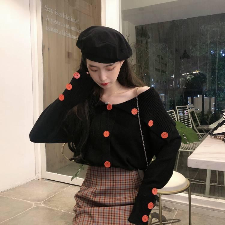 Pofulove Winter College Wind Irregular Strapless Navy Collar Loose Long Sleeve Knit Sweater