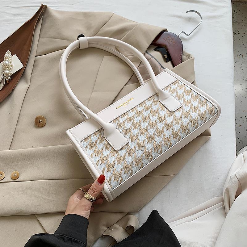 Check Pattern Handbag PU Leather Armpit Bag for Women Shoulder Lady Simple Elegant Baguette Bag