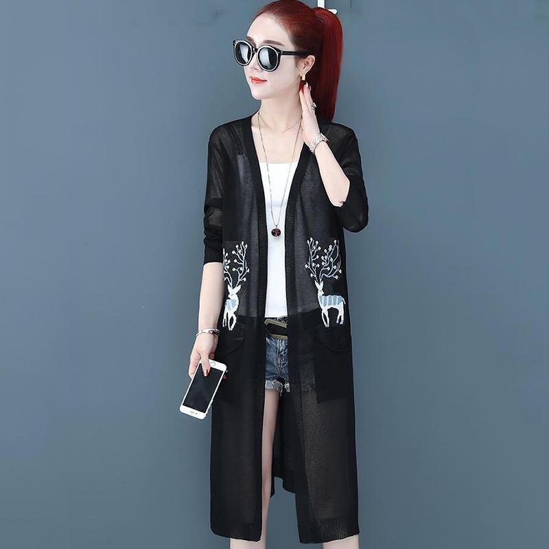 Ice Silk Cardigan with Women's Mid-length Knitted Shawl Long-sleeved Jacket Sunscreen Clothing Thin Air-conditioning Shirt Light and Breathable