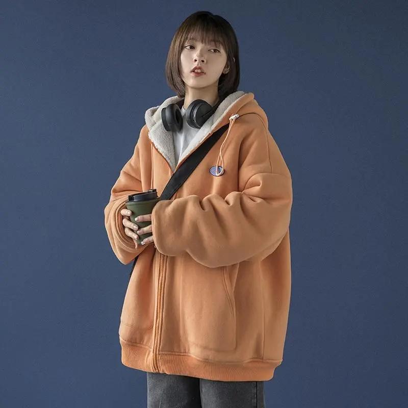 Retro Plus Size Lamb Wool Coat Plus Velvet Winter Oversize All-match Coat Ladies Zipper Cardigan Loose Hooded Sweater