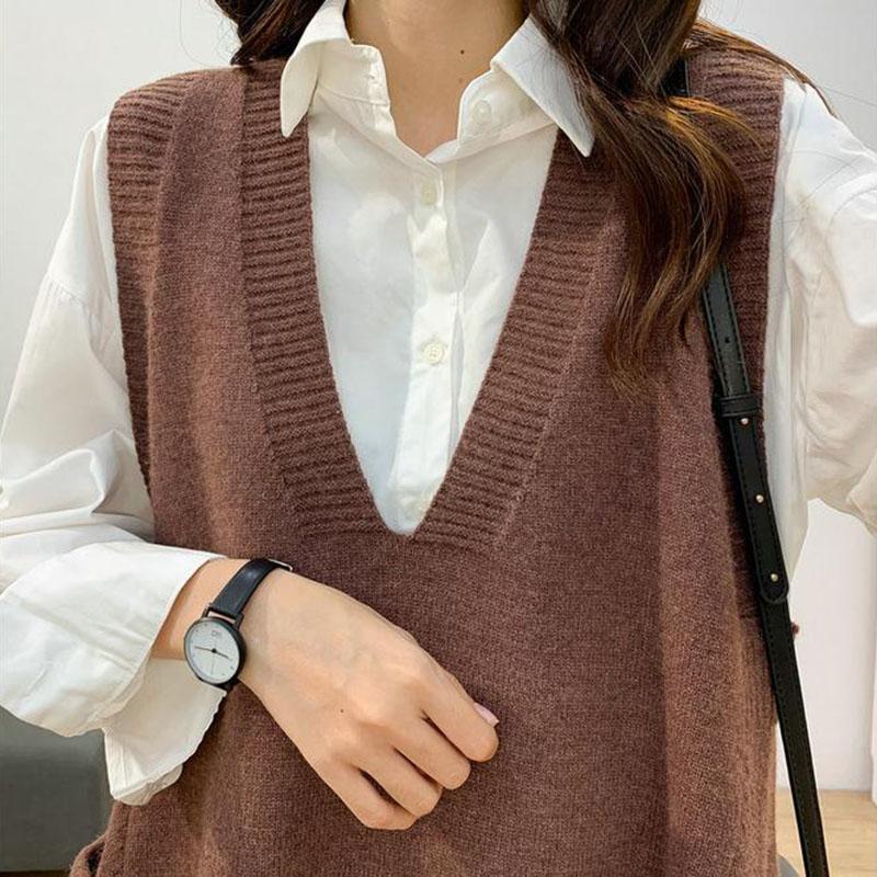 Autumn and Winter Loose All-match Sweater Large Size V-neck Knitted Vest Sleeveless Solid Color Female Top