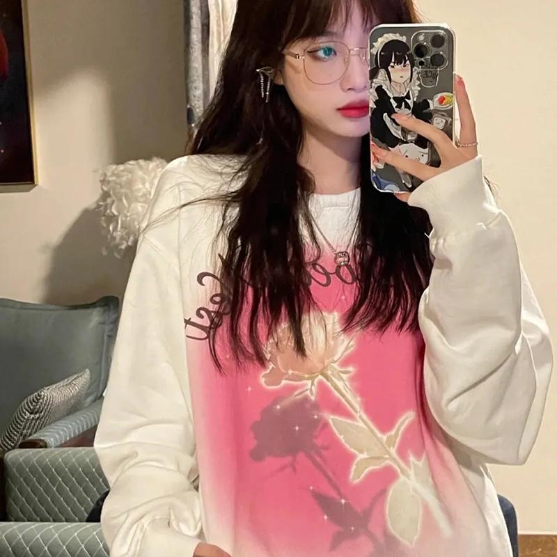 Women Hoodies Rose Printed White Pullover Sweatshirts Oversized Streetwear Hip Hop Tracksuit Fashion Lady Autumn Winter Top Clothes