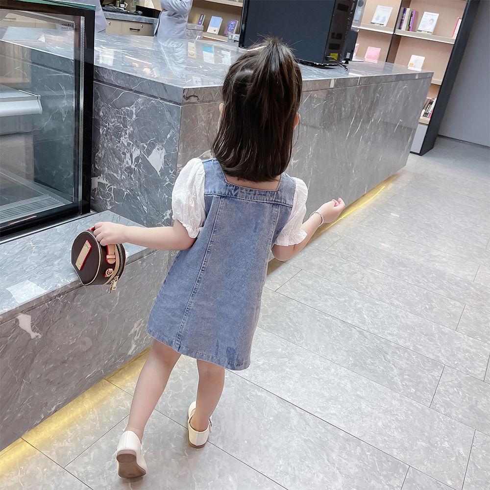 Children Dress Summer Girl's Denim Skirt with Strap Single Breasted Ruffle Short Sleeve Denim Skirt