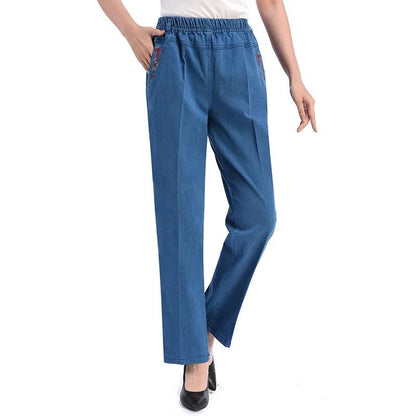 Flower Embroidered Jeans Women's Spring and Autumn Large Size Elastic Denim Pants Casual Trousers High Waist Straight Loose Denim Pants