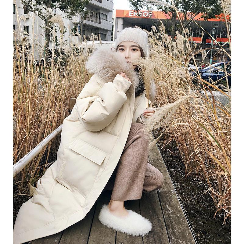 Winter Fluffy Big Fur Collar Hooded Down Jacket Women Mid-length Slim Over The Knee Thick Hooded Winter Warm Plus Fleece Jacket