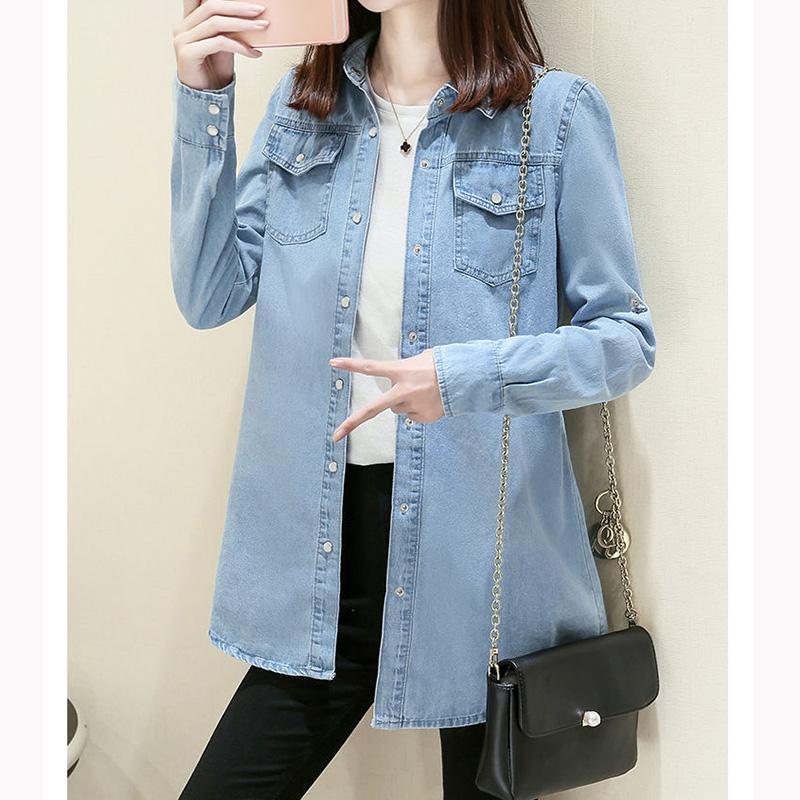 Denim Shirt Thin Jacket Women's Long-sleeved Loose Shirt Jeans Jacket Mid-length Spring Bottoming Shirt Large Size