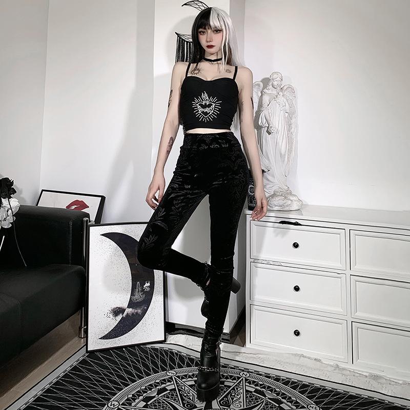 Dark Gothic Slim Fleece Legging Women Sexy Black Suede Embossing Long Skinny Legging Goth Indie Big Flower Printed Bottoms