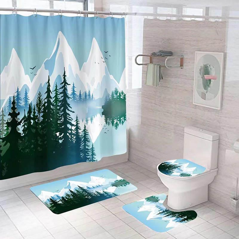 Nordic Snow Mountain Shower Curtain Four-piece Digital Printing Shower Curtain Shower Cover Free Perforated Shower Curtain Set