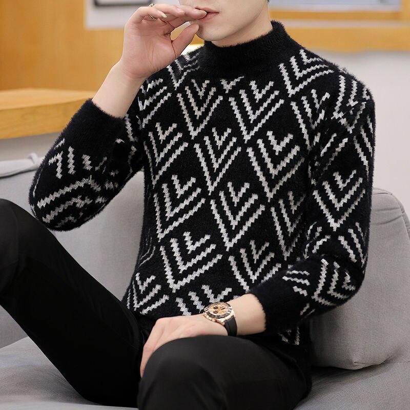Autumn and Winter Semi High Neck Sweater Men's Korean Imitation Mink Sweater Thickened Youth Bottoming Shirt