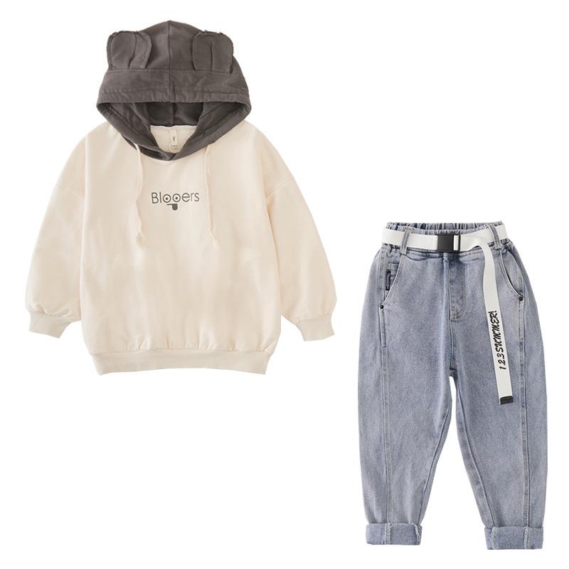 Fashion Children's Clothing Girls Pullover Hooded Sweater Jeans Two-piece Casual Spring and Autumn Loose Sports Suit