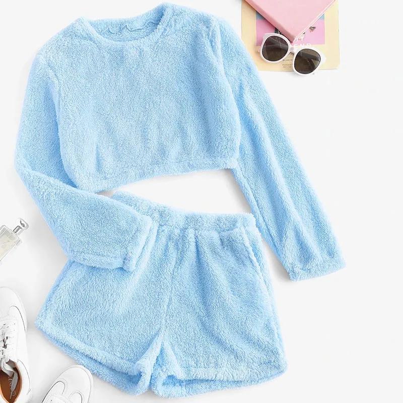 Women's Coral Fleece Double-sided Fleece Homewear Long-sleeved Top Shorts Suit Sexy Sports Outerwear Pajamas Set Winter Warm Pyjamas Suits