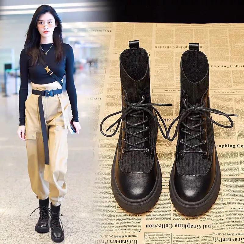 Martin Boots Women's Winter Knit Stitching Lace-up Ankle Boots Leather Thick-soled Motorcycle Boots