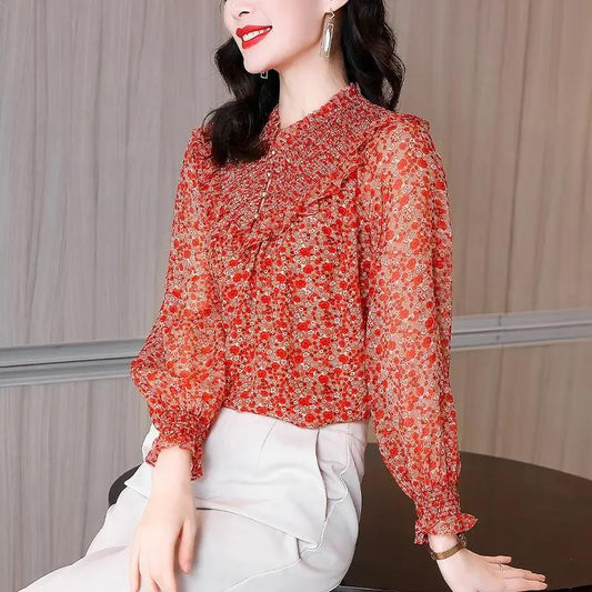 Spring and Autumn Floral Shirt Women's Long-sleeved All-match Chiffon Shirt Top Women