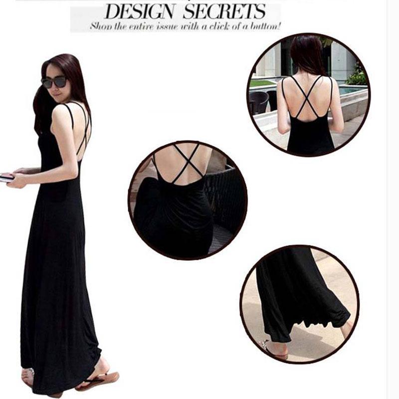 Fashion Summer Spaghetti Strap Dress Backless Elastic Cotton Long Maxi Dress Beach Party Dress