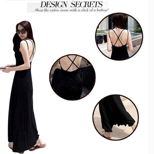 Fashion Summer Spaghetti Strap Dress Backless Elastic Cotton Long Maxi Dress Beach Party Dress