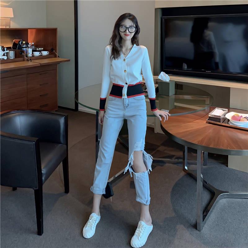 Women's slim slimming V-neck short sweater coat wild sweater long-sleeved button cardigan