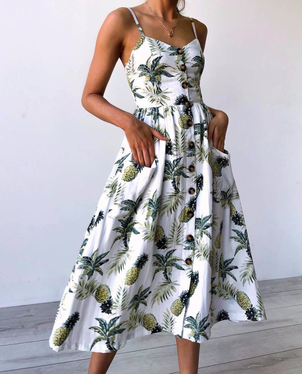 Pofulove Vintage Casual Sundress Female Beach Dress Midi Button Backless Polka Dot Striped Women Dress Summer  Boho Sexy Floral Dress