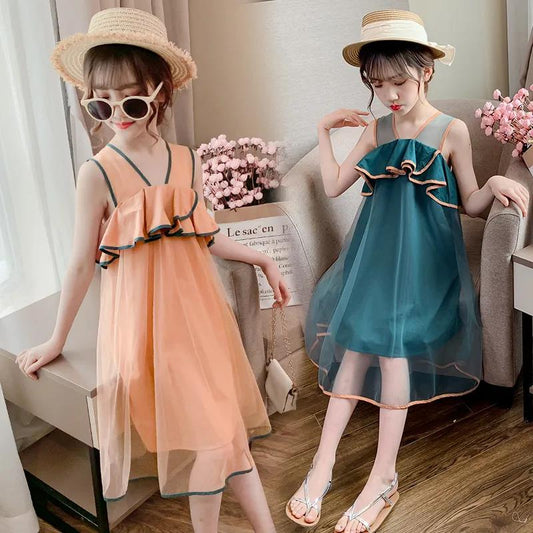 Children's Clothing Girls' Dresses  Children's Summer Clothing Princess Dresses Mesh Vest Skirts Big Children's Clothing