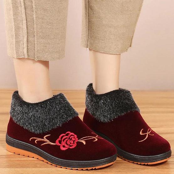 Women's Winter Flat Cotton Shoes Female Large Size Plush Thickened Soft Sole Anti Slip Embroidered Cotton Shoes