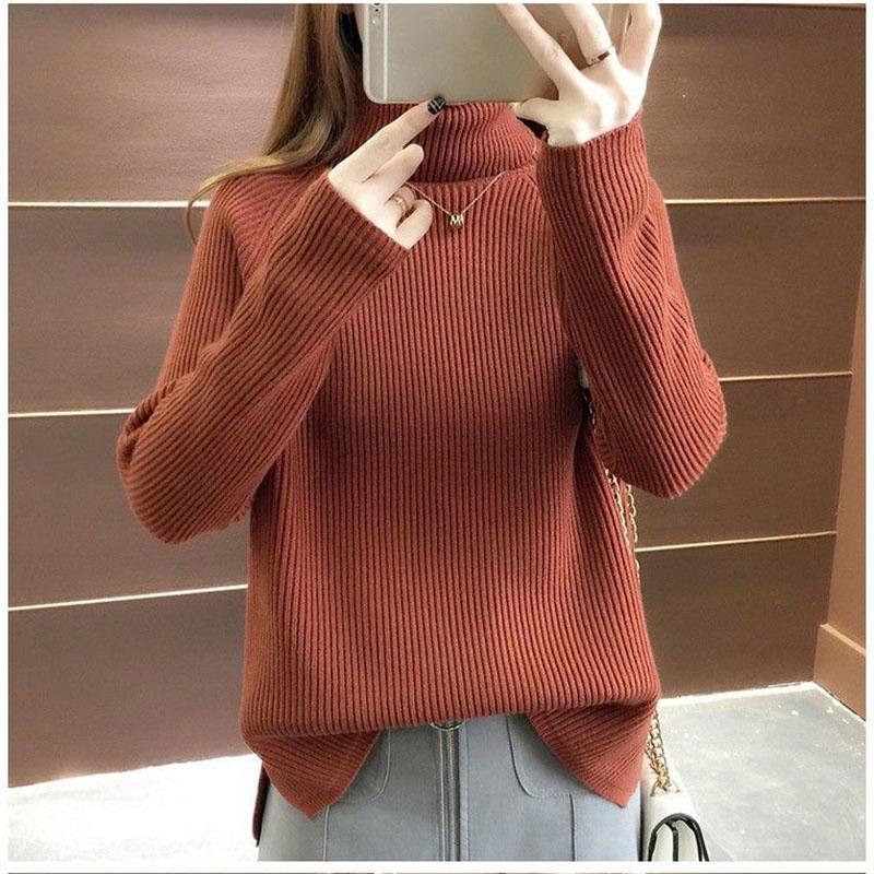 Autumn Winter Sweater Women Solid Color Turtleneck Sweater Thick Loose Solid Color Base Knit Sweater
