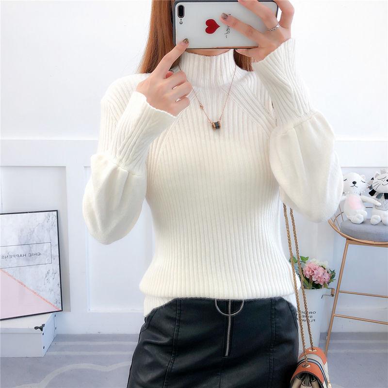 Autumn and winter new trumpet sleeve sweater high collar slim versatile shirt sweater women