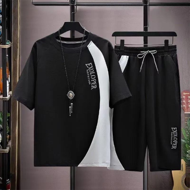 Summer Short-sleeved T-shirt Suit Men's Solid Color Trend Youth Casual Sports Cropped Two-piece Suit