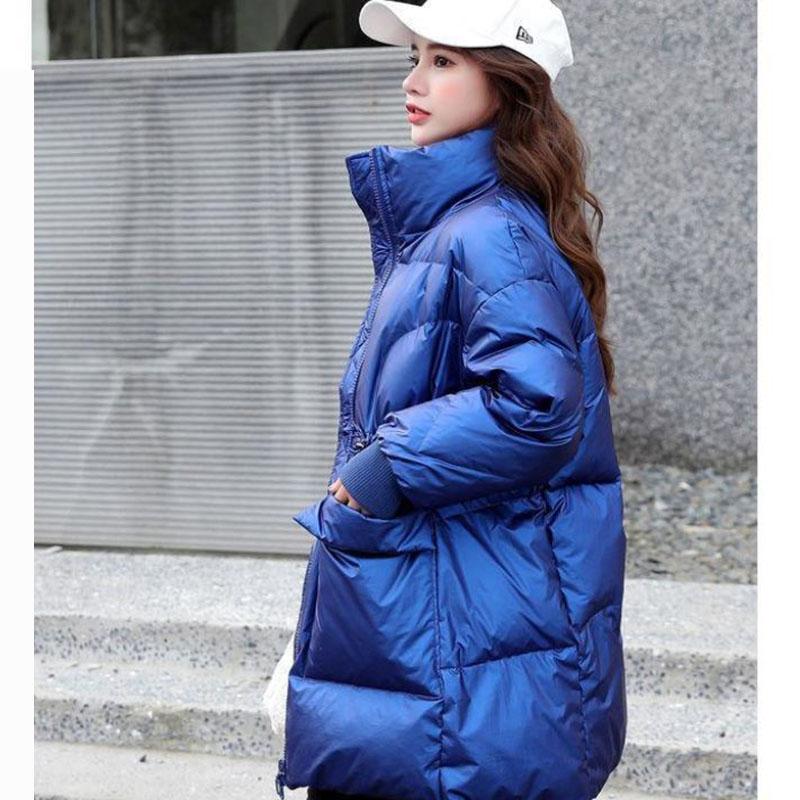 Ladies Down Jacket Winter Thickening Fashion Shiny Stand-up Collar Waist Wash-free Mid-length Cotton Jacket