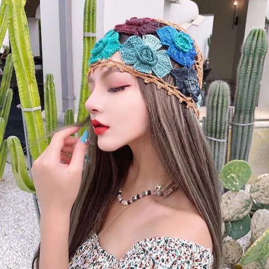 Gradient Stereo Flower Bag Head Hat Woman National Handmade Crochet Knit Hat Openwork Towel Hat