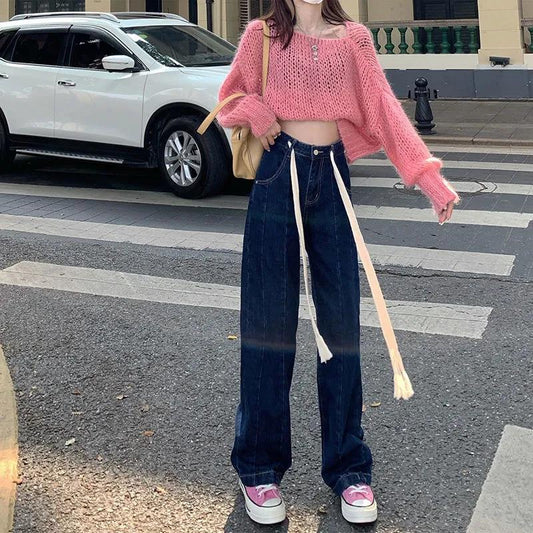 Retro Lace Jeans Women Autumn and Winter Loose High Waist Display Thin Straight Design