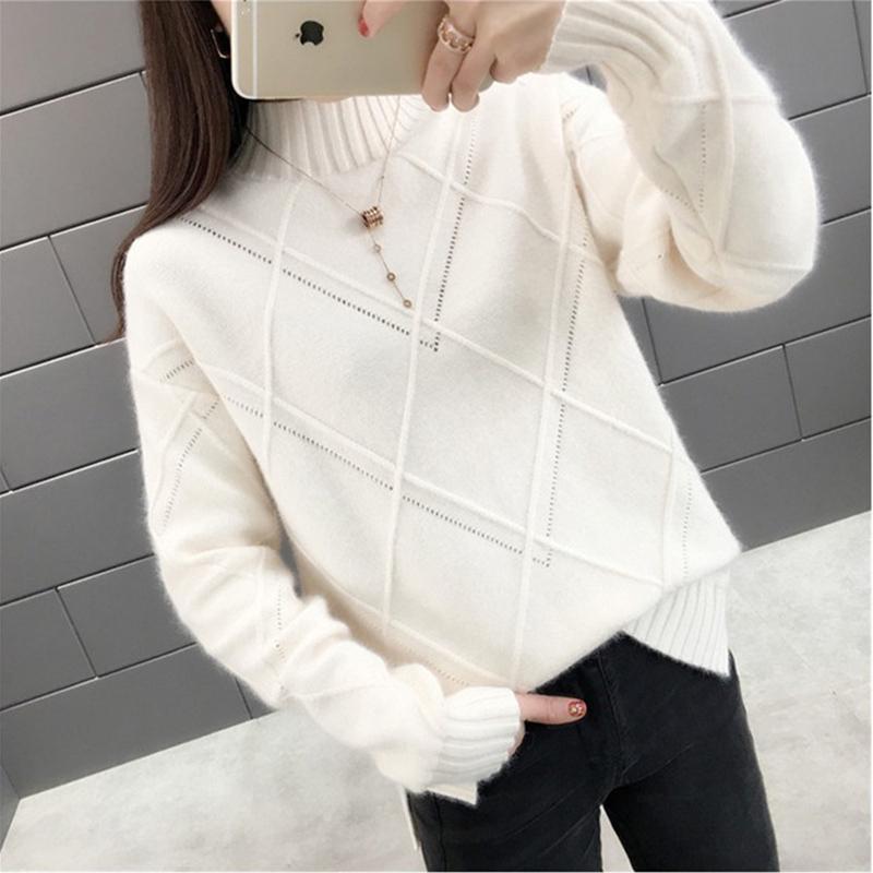 Women Blue Short Long Sleeve Half Turtleneck Pullover Sweater Office Soft Bottoming Shirt