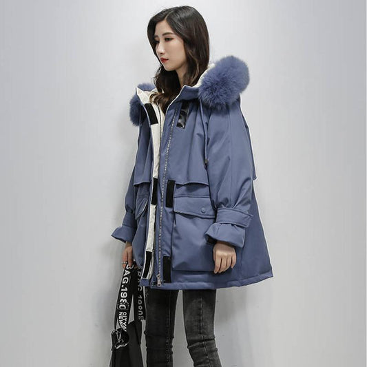 Women's Casual Cotton Clothes Mid-length Fashion Trend Down Down Cotton Clothes Women's Loose and Thick Big Fur Collar Cotton Coat
