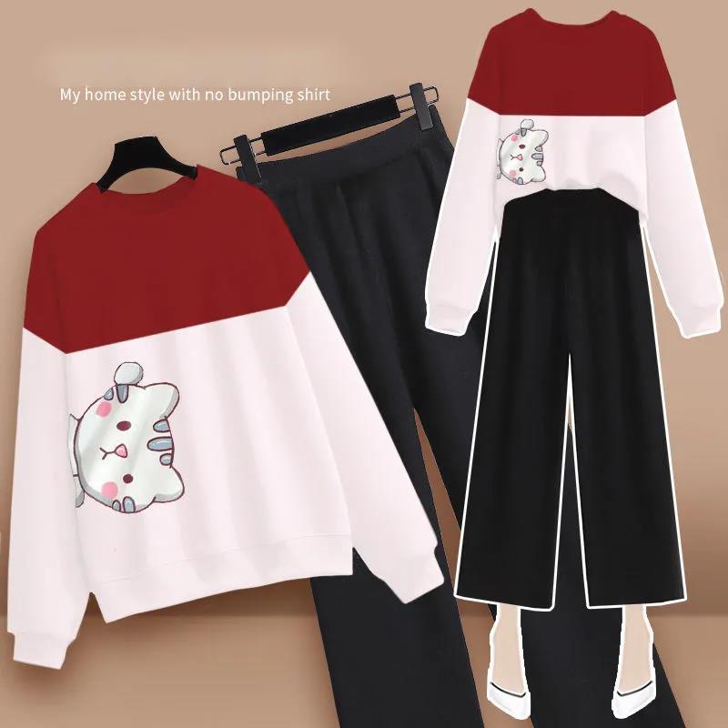 Two-piece Loose Hoodie Wide Leg Pants Casual Suit Women's Round Neck Long-sleeved Shirt + Loose Pants Casual and Comfortable