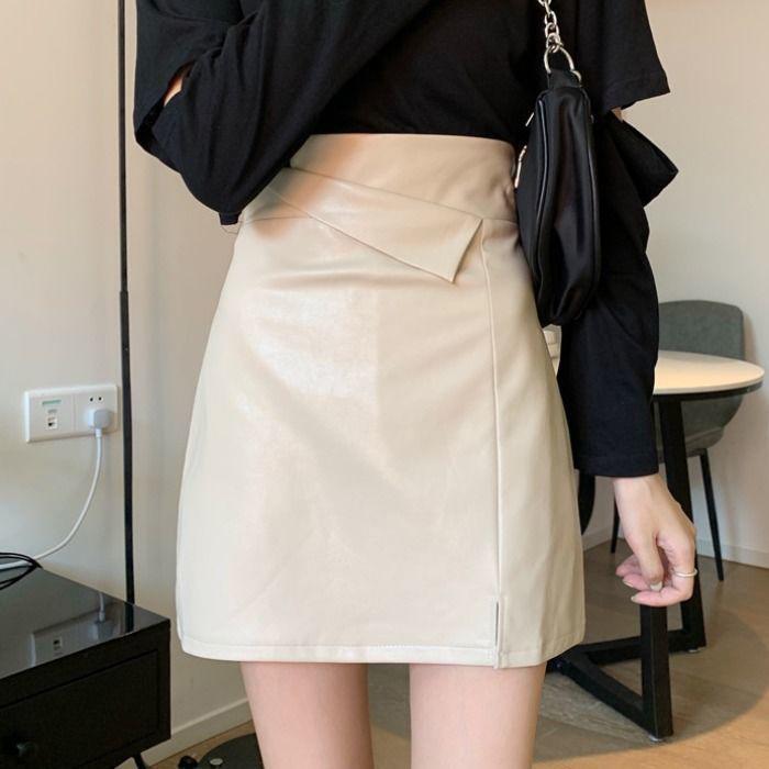 Women's Sexy Leather Skirt Glossy PU leather short Solid zipper Split A-line Skirts