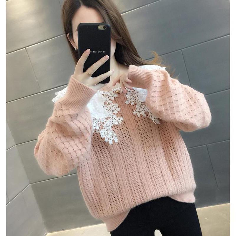 Spring and Autumn Style Outer Wear Lace Doll Collar Sweater Loose Long Sleeve Sweater Women