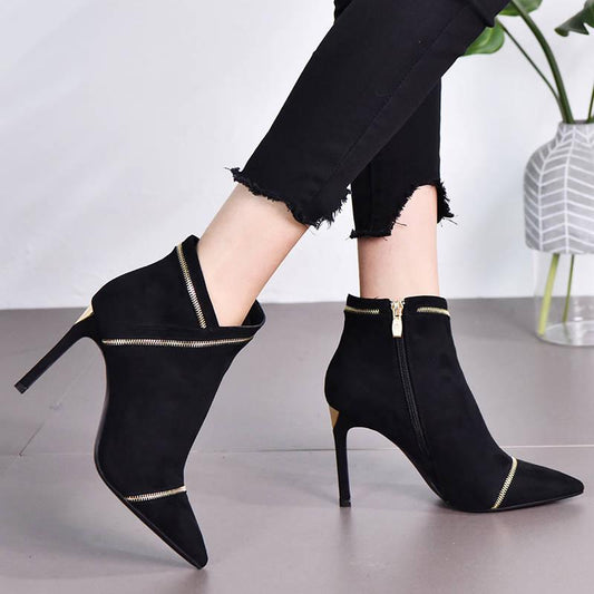 Autumn Winter Women's Boots Stiletto High-heeled Pointed Boots Zipper Rhinestones Martin Boots 9CM