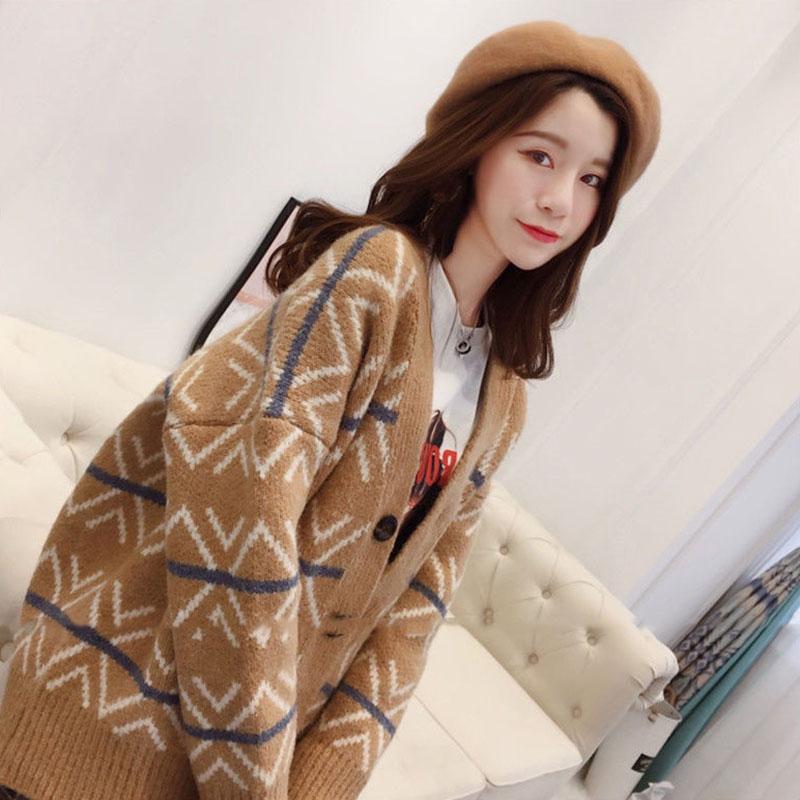Women Vintage Printed Checked Sweater Cardigan with Pockets Outerwear Casual Thick Knitted Jacket Coat
