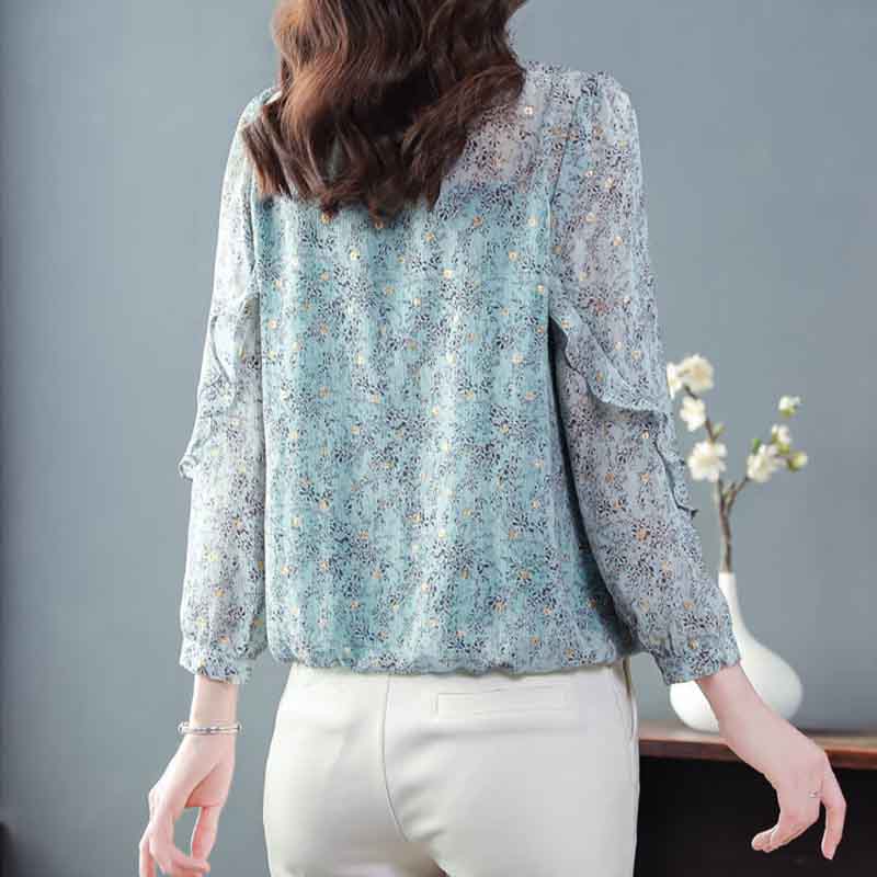Floral High-end Chiffon Shirt Top Women's Large Size Small Shirt Fashion Temperament Long Sleeves