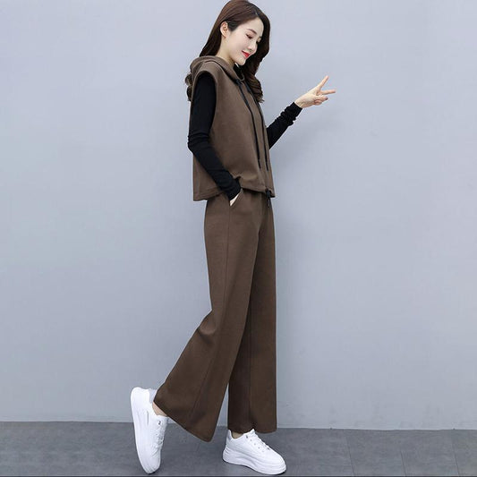 Suit Women's Temperament Is Thin Wide-leg Pants Casual Women's Three-piece Loose Wide-leg Pants + Hooded Sleeveless Waistcoat + Lining