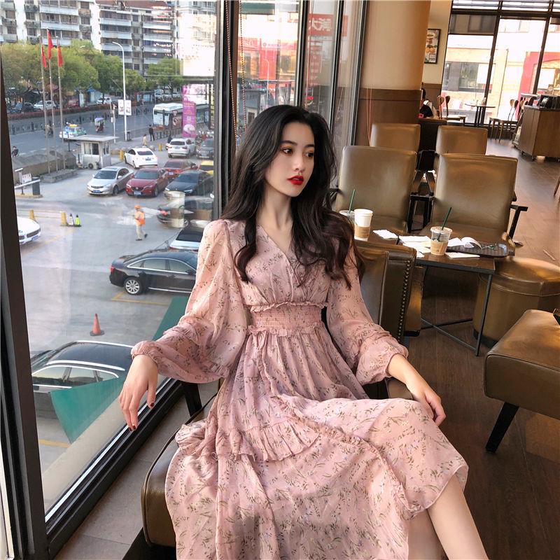 Summer Beach Maxi Dress Women Floral Print Boho Chiffon Dress Ruffles Casual V-Neck Party Dress Robe