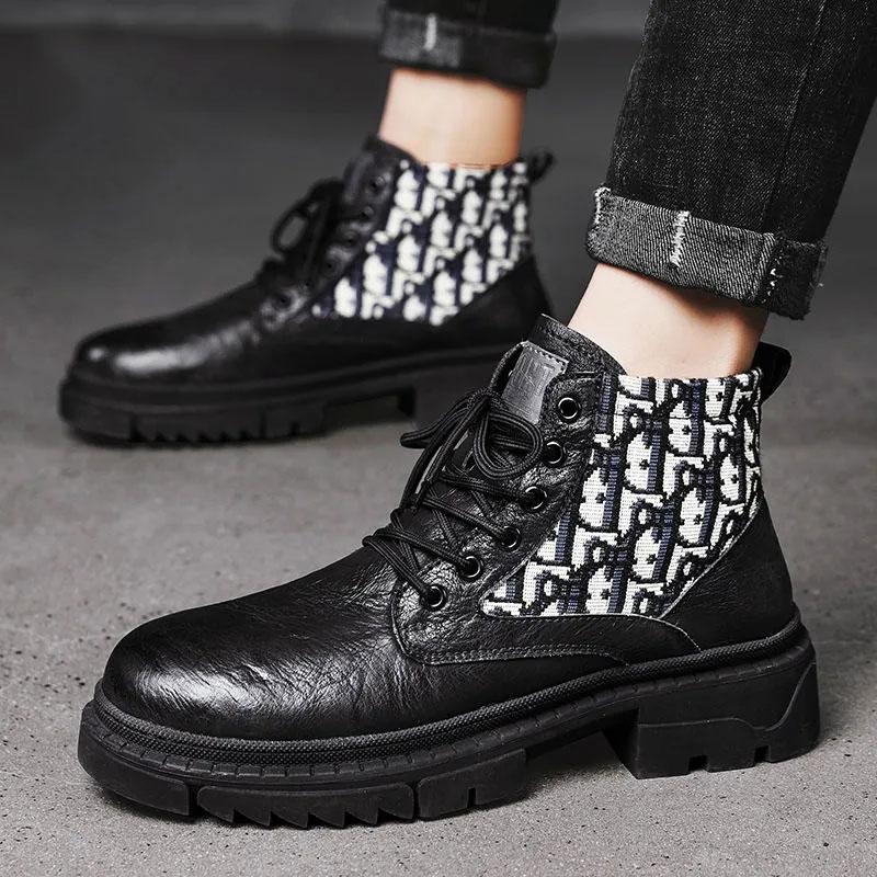 Men's Non-slip Autumn and Winter Martin Boots Net Red Ins Tooling Boots Korean Version of The British Style Black Boots Microfiber Leather Shoes