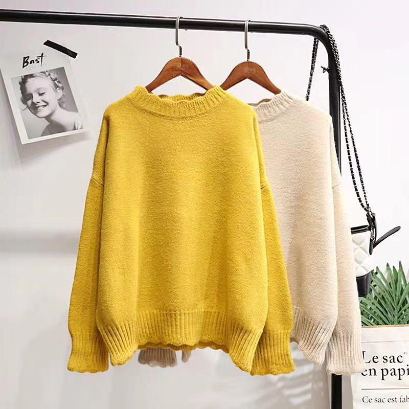 Autumn and Winter Sweater Women's Hedging Loose Solid Color Petal Collar Base Sweater