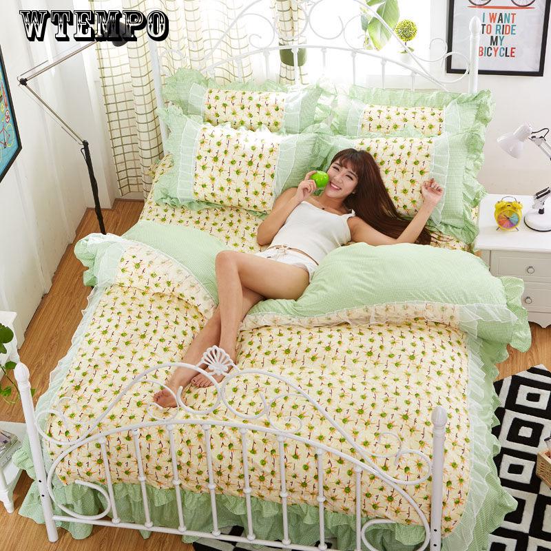 WTEMPO bedding set Princess Bedspread Bedding Sets Pink Bed Skirt Lace Edge Duvet Cover Bedclothes