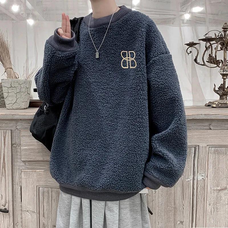Autumn and Winter Plus Velvet Padded Round Neck Sweater Men's Loose Hedging Warm and Comfortable Jacket